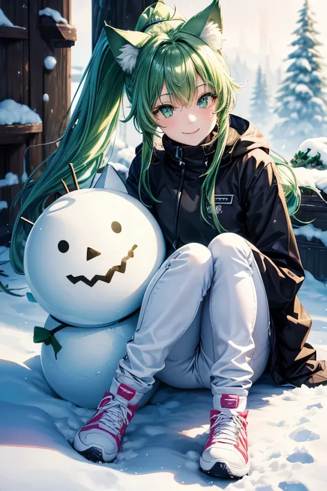 Best Quality, High Quality, Perfect Proportions, Cat Ears, Front View, Ponytail, Shiny Hair, Green Color Hair, Forest, Snow, Snowman, Gradient Eyes, Front View, Long Sleeves, Coat, White Trainers, Jeans, Smiling, Winter
