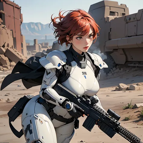 nsfw, very wide shot, anime screencap, 16k, perfect hands, perfect anatomy proportion body,  action,  dynamic composition with a sense of speed and dynamism , (Firing an assault rifle, shooting:1.6), camo robotic heavy armor full armor powered suit, milf, ...