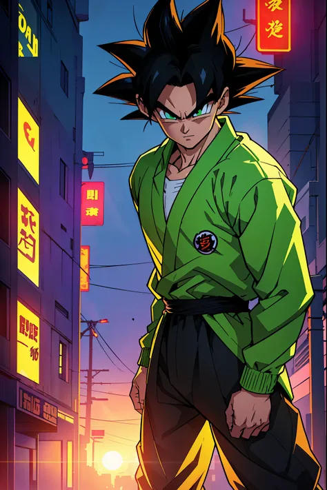 Young Saiyan warrior with spiky black hair and bright green eyes, wearing a white jacket with emerald green accents and a dark green shirt underneath. He has a confident and determined expression, standing tall in a futuristic city street with glowing neon...