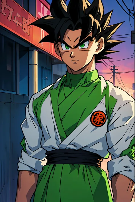 Young Saiyan warrior with spiky black hair and bright green eyes, wearing a white jacket with emerald green accents and a dark green shirt underneath. He has a confident and determined expression, standing tall in a futuristic city street with glowing neon...