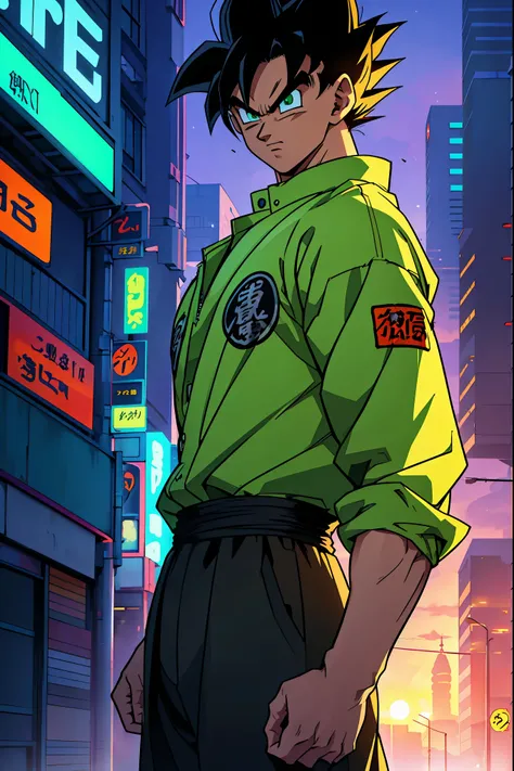 Young Saiyan warrior with spiky black hair and bright green eyes, wearing a white jacket with emerald green accents and a dark green shirt underneath. He has a confident and determined expression, standing tall in a futuristic city street with glowing neon...