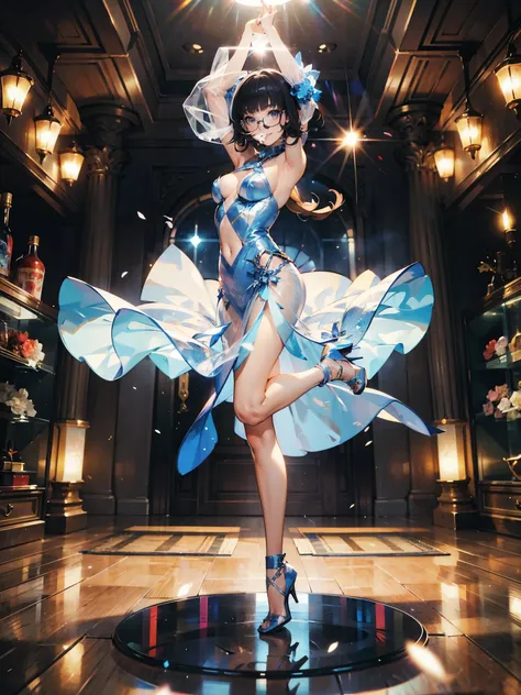 anime - style illustration of a woman in a transparent jumpskirt, dance video game character, official character art, trending on e-girl, feminine, full body, female action anime girl, Posing:1.5, blunt bangs, glasses, (tanned:1.0), looking at viewer, smil...