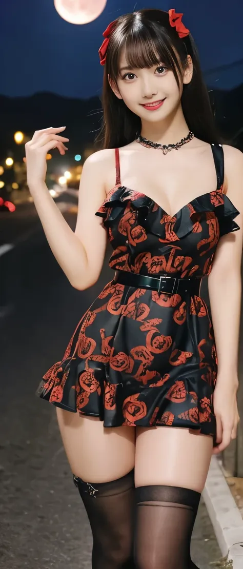  Cool Idol Girl 、whole body、　Good style、、Thick legs、、、skeleton print ruffle mini dress（red and black、）、Cool girl face、Skeleton Belt、Red Moon Night、 Glowing Skeleton 