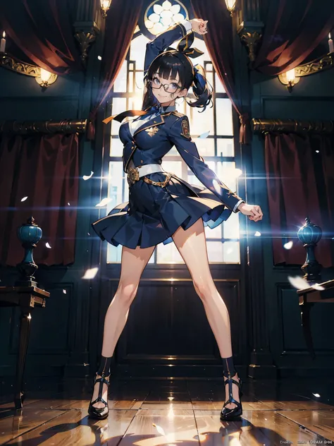 anime - style illustration of a woman in a transparent high school uniform, dance video game character, official character art, trending on e-girl, feminine, full body, female action anime girl, Posing:1.5, blunt bangs, glasses, (tanned:1.0), looking at vi...