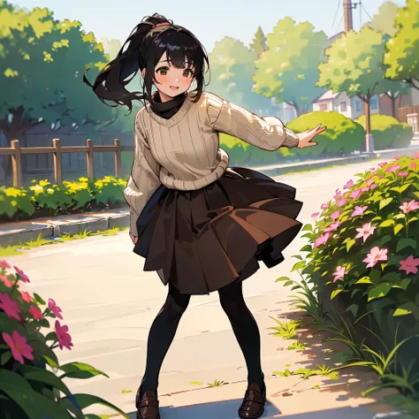 ( High Quality ,  high definition , Very detailed, reality:1.37), Peaceful atmosphere, (Outdoor, garden),  teenage girl standing alone,  Beautiful details,  cute smile with blush, ( BLACK HAIR PONYTAIL ), Ribbed sweater,Brown skirt, Black tights,  brown lo...