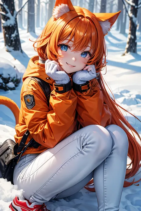 Best Quality, High Quality, Perfect Proportions, Cat Ear, Front View, Shiny Hair, Orange Hair, Forest, Snow, Snow Play, Gradient Eyes, Front View, Long Sleeves, Coat, White Trainers, Jeans, Smiling, Winter
