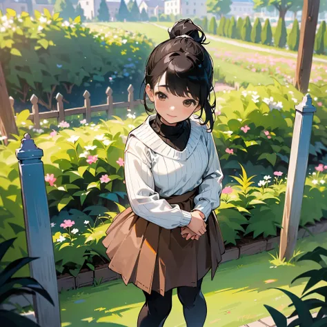 ( High Quality ,  high definition , Very detailed, reality:1.37), Peaceful atmosphere, (Outdoor, garden),  teenage girl standing alone,  Beautiful details,  cute smile with blush, ( BLACK HAIR PONYTAIL ), Ribbed sweater,Brown skirt, Black tights,  brown lo...