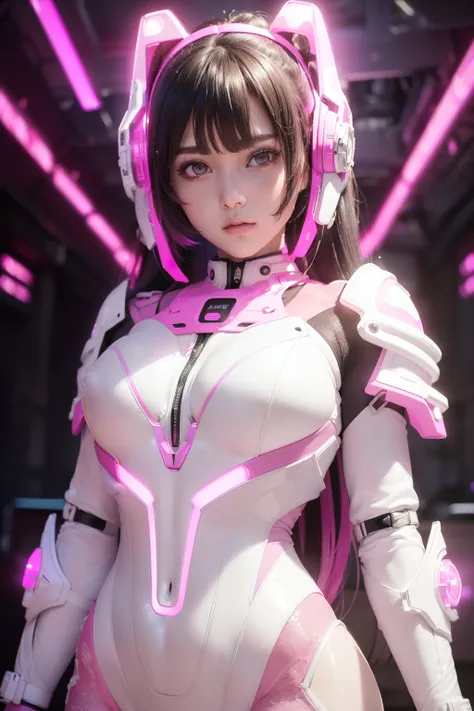 The First Descendant girl (masterpiece), best quality, expressive eyes, (((in hyper realistic and detailed neon-lit sci-fi plugsuit pink & white armor, aethereal aesthetic style))) beauty korean idoll, intricate perfect beauty cute face, detailed sharp eye...