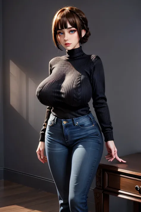 highest quality Ultra-high resolution, 8k, RAW Photos, Realistic: 1.3), 1 Female,One Girl, Braiding, single Braiding,(black short hair), (Milf, Motherly, Elegant, Bitch,),((((wearing black sweater))), (((tight jeans))) )),Detailed face:1.3), Showcase, (Per...