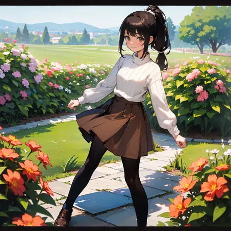 ( High Quality ,  high definition , Very detailed, reality:1.37), Peaceful atmosphere, (Outdoor, garden),  teenage girl standing alone,  Beautiful details,  cute smile with blush, ( BLACK HAIR PONYTAIL ), Ribbed sweater,Brown skirt, Black tights,  brown lo...