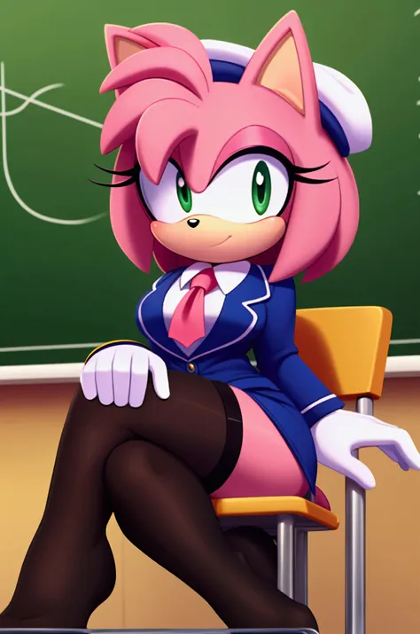 amy rose wears school suit , with black stockings with straps, white gloves, flirty look,sailor hat, sitting on a chair  ,in a c...