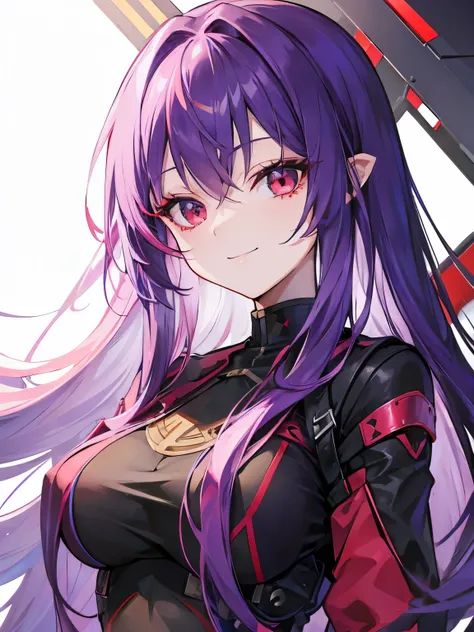 female, long purple hair, red eyes, smiling 