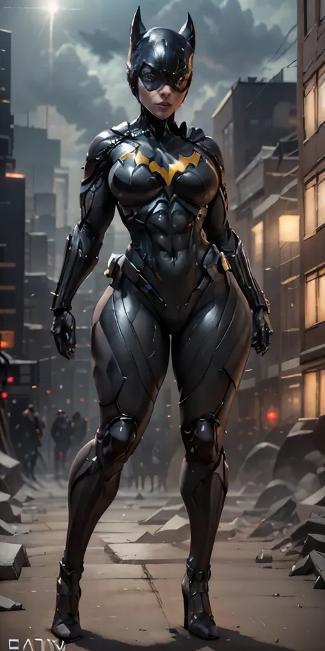 batgirl from dc, big breasts, frontal, full-length, looking at the camera, facing the audience, standing pose, gotham city backg...