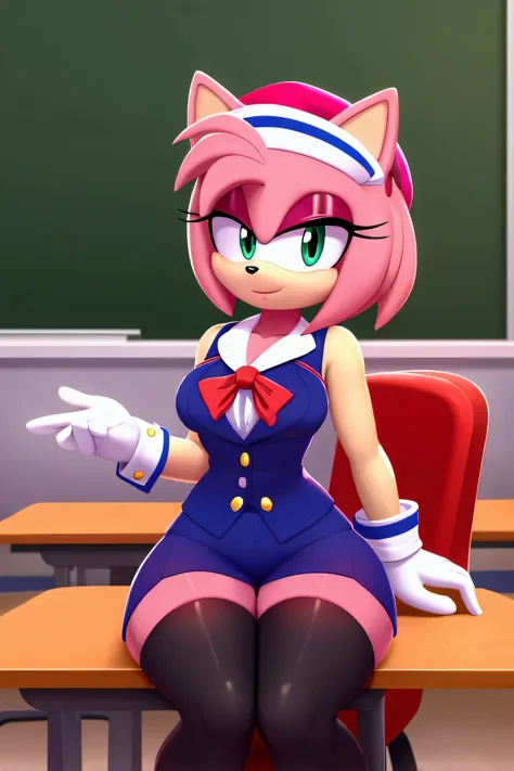 amy rose wears school suit , with black stockings with straps, white gloves, flirty look,sailor hat, sitting on a chair  ,in a c...