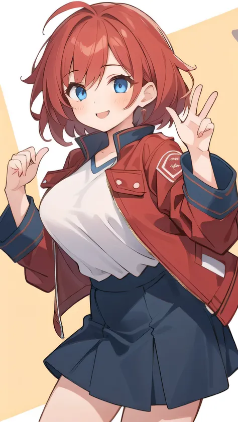 (1girl:1.6), (little female :1.8), ((((little female )))) ((toddler)) ((preschooler)) ， ,(very short:1.5), (red hair:1.3), blue eyes, droopy eyes, (red jacket:1.3), long sleeves, navy skirt, (super big breasts:1.4), (medium hair: 1), baggy clothes,young fa...