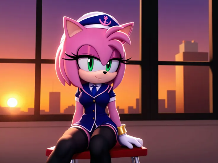 amy rose wears school suit , with black stockings with straps, white gloves, flirty look,sailor hat, sitting on a chair  ,in a c...