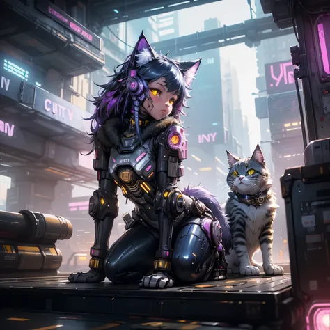  Adorable creature ,  automated feline cat, (best quality), highly detailed,  , A cute creature , Fluffy cat, (mechanicalasas:golden, glowing eyes :blue, goldenrarmor:1.2, hairy ears:0.8), long furry tail , playing in a crib, (cyberpunkcity:1.5),( futurist...