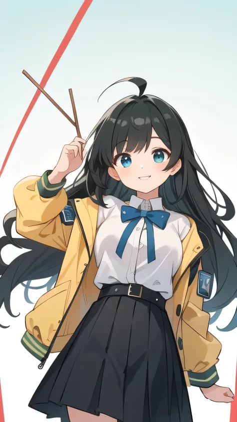 Junior high school student who looks like an elementary school student, , very short, 140 cm tall, black hair with a slight green tinge, short ahoge, beautiful long hair but with a little hair sticking out, beautiful round eyes, blue eyes, smile, boyish, l...