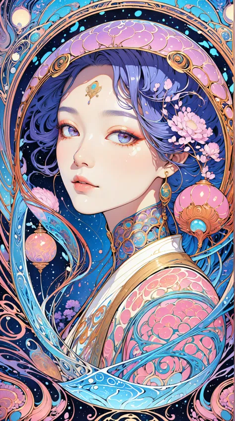 ((best quality)), ((masterpiece)), (detailed), perfect face, pretty asian face, surreal, art nouveau, in the illustrative style of moebius, fantasy, sci-fi, 