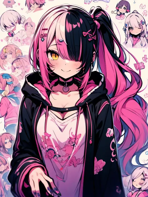 pink hair, hood, yellow eyes, purple eyes, breasts, side ponytail, black hair, looking at viewer, hair over one eye, smile, pink nails, long hair, 2girls, hood up, multiple girls, 1girl, nail polish, bangs, 1boy, long sleeves, cleavage,(manga style),(sketc...