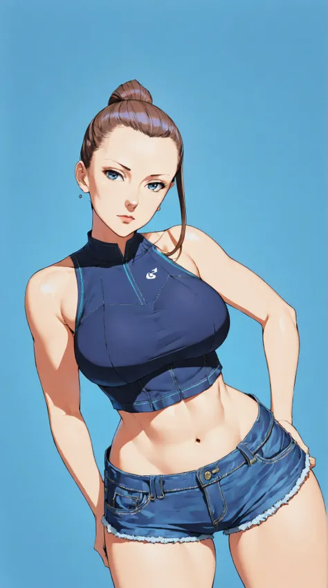 1girl,solo，Blue Background，huge breasts, crop top, short shorts, underboob, High Ponytail，Unbelievably long hair，cowboy shot,,looking at viewer，Simple style，wide angle,Dynamic Angle，(bangs_pinned_back:1.5),(head_tilt:1.7),(curvybody:1.1)，From the front，Fro...