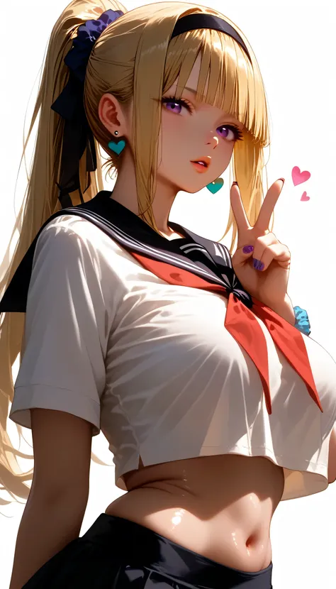 score_9,score_8_up,score_7_up, shiny skin, 1girl, KeiKaruizawa, Kei Karuizawa, bangs, blunt bangs, ponytail hair, long hair, violet eyes, blonde hair, blue scrunchie, sailor collar, black skirt, shirt, ponytail, piercing, midriff, hairband, neckerchief, mi...