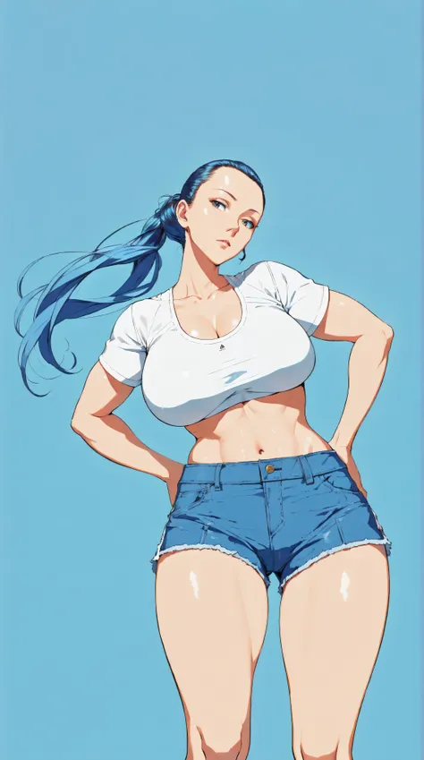 1girl,solo，Blue Background，huge breasts, crop top, short shorts, underboob, High Ponytail，Unbelievably long hair，cowboy shot,,looking at viewer，Simple style，wide angle,Dynamic Angle，(bangs_pinned_back:1.5),(head_tilt:1.7),(curvybody:1.1)，From the front，Fro...