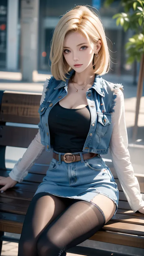 One girl,  Android 18, Blonde,  pretty and sexy girl, She wearing light blonde hair, Medium length shaggy cut hair, She have Very large breasts bouncing, Wearing a very short blue H-line denim skirt, Wearing a denim vest, The denim skirt and denim vest col...