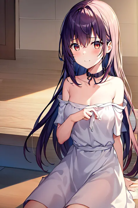  1 girl at home, Alone of, Chest, 短of_hair, 高抬Leg, Purple_Eye, garter_Shoulder strap, ,  Smile, Orange of_hair, hair_bow, Watch_exist_受众, bow, two_side_up, medium of_Chest, Sitting, red of_bow, hand_between_Leg,  clavicle , signature, Ahog, collar, between...