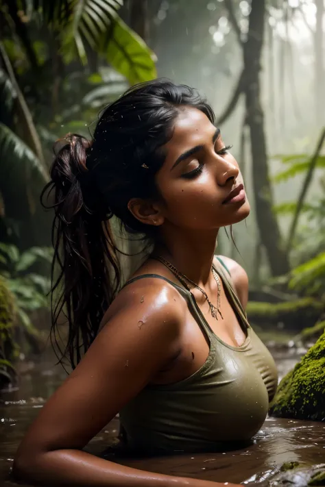 beautiful young artist, indian woman, lovely body, innocent scared, messy wet hair in a bun and strands of hair dangling in front of face, youthful face, delicate features, 18yo, wearing coveralls and hiking boots, in the jungle, muddy landscape, rain, sma...