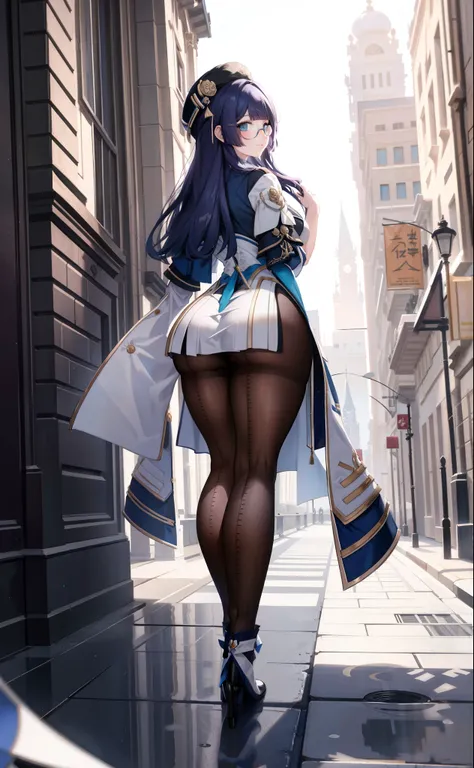 
pelaV4, masterpiece, HD, high res, solo portrait, back view, lower-angle view, ass focus, beautiful render art, anime, detailed shading, longhair, cute blue eyes, short eyelashes, beautiful legs, blushing, cute smirk, knight uniform, short white dress, ro...