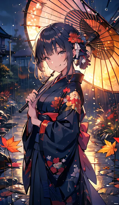 ((kimono,smile,Rainy Night)),beautiful,  best quality,Beauty,smile,The moonlight shines in,garden,smile, fall leaves for vaginal discharge ,Woman looking at me and smiling,Autumn leaves falling, is holding a Japanese umbrella