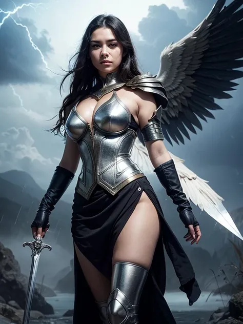 A beautifuily stunning 17-year-old valkyrie standing on storm clouds. She has large, powerful, black wings and black hair. She is wearing a silver breastplate and gauntlets over a bright white dress embroidered with silver. She has a jeweled sword hanging ...