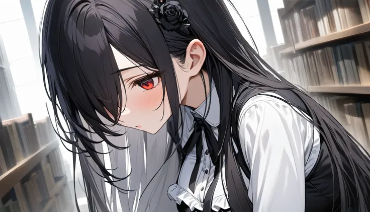 (masterpiece, Highest quality:1.2), (1girl), alone, ((long hair)), ((black hair)), (straight hair), ((hair over face)), (hair over one eye), (hair over right eye), (black maid dress), white apron,long sleeves, (dark red eyes), (((big breast))), high detail...