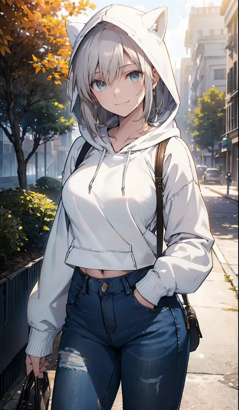 (( short denim pants,Big Breasts, White Hoodies ,smile)),beautiful, masterpiece,  best quality,Beauty,  viewers,Sigh,smile, with sunlight , tree-lined street  , military boots ,smile