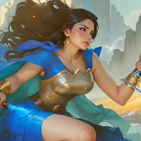 A close-up of a woman in a blue dress holding a sword., Artgerm and Atey Ghailan,  portrait of modern darna , Detailed Artgerm, Aly Fell and Artgerm , in Artgerm style, Artgerm style, artgerm lau, artgerm style, Maya Ali as Wind Mage, artgerm style