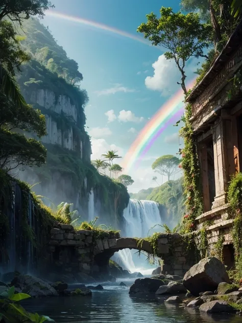 Ruins, Plants, Tropical Jungle, Full-Arch Rainbow, Abundant Vegetation, Waterfall, Iridescent Skies, Mystical Energy in the Air, Cinematic, Fantasy Art, Digital Illustration, Global Illumination, Highly Detailed, Sharp Focus, Masterpiece, Best quality, 8k