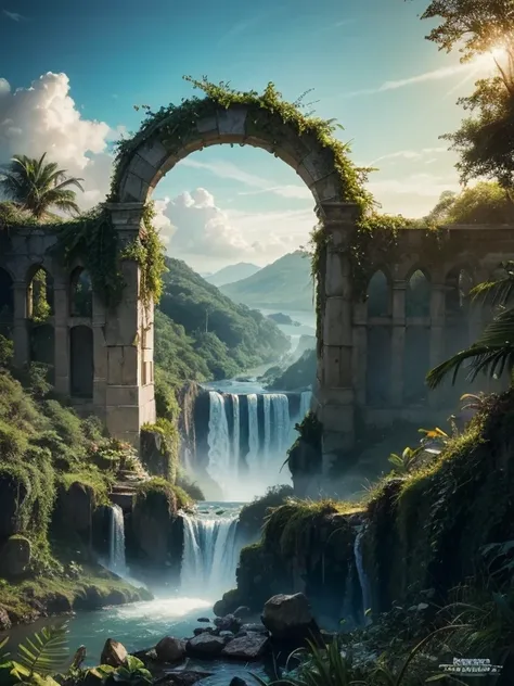 Ruins, Plants, Tropical Jungle, Full-Arch Rainbow, Abundant Vegetation, Waterfall, Iridescent Skies, Mystical Energy in the Air, Cinematic, Fantasy Art, Digital Illustration, Global Illumination, Highly Detailed, Sharp Focus, Masterpiece, Best quality, 8k