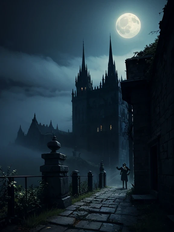 Ink-style gothic platformer game level, crumbling stone structures overgrown with ivy, moonlit night, long twisted shadows, gargoyles perched on ledges, fog creeping along the ground, high contrast, atmospheric, designed for a modern platformer game, evoki...