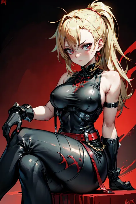 (masterpiece, best quality:1.2), red glowing eyes, red eyes, the eyes are red, perfect face, strong make up, highres, 1 girl, ultra long ponytail, (female:1.5), strife, blonde hair streaked with lots of red highlights, two colors hair (blond and red), high...