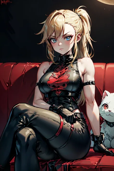 (masterpiece, best quality:1.2), red glowing eyes, red eyes, the eyes are red, perfect face, strong make up, highres, 1 girl, ultra long ponytail, (female:1.5), strife, blonde hair streaked with lots of red highlights, two colors hair (blond and red), high...