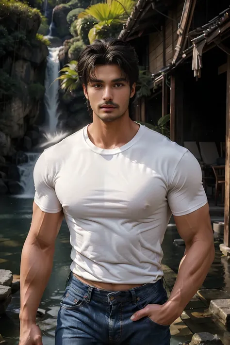 (face: Mariano di vaio), Vietnamese muscle man, Detailed undercut, (Tight T-shirt:1.5) , quiet, Jeans, Take the whole body, Walking posture :: Manly, Look at the camera, (Make eye contact), manhood posture, Manly deportment, Have morals, masculinity, manho...