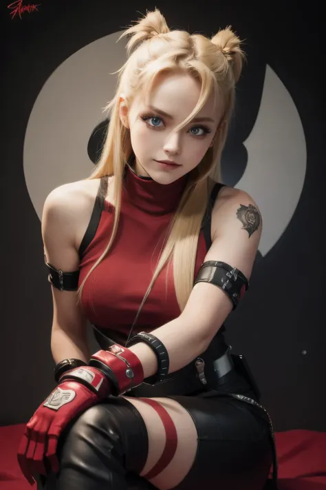 (masterpiece, best quality:1.2), red glowing eyes, red eyes, the eyes are red, perfect face, strong make up, highres, 1 girl, ultra long ponytail, (female:1.5), strife, blonde hair streaked with lots of red highlights, two colors hair (blond and red), high...