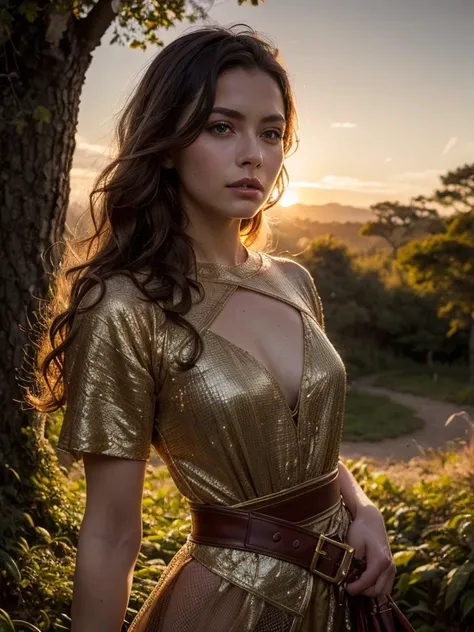 award-winning cinematic scene of a wonderful medieval queen, curly light brown hair, perfectly lined honey eyes, with a mystical forest around her, enchanting sunset, high dynamic range, vivid and rich details, sharp, realistic shadows and highlights, Inte...