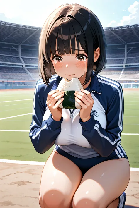 1girl, squatting, eating onigiri, one in each hand holding an onigiri, 
BREAK girl, 22yo, short hair, bob cut, (blunt bangs), black hair, (tareme, detailed cute brown eyes),  (large breasts:0.8), 
shiny hair, beautiful detailed eyes, beautiful face, 
white...