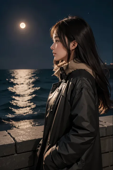 A beautiful woman. Twenty years old. Detailed drawing of the face. Dark brown hair. Profile of a woman looking at the sea. She is standing in front of the breakwater. It was night, and the moonlight was quietly shining on the woman. She is wearing a spring...