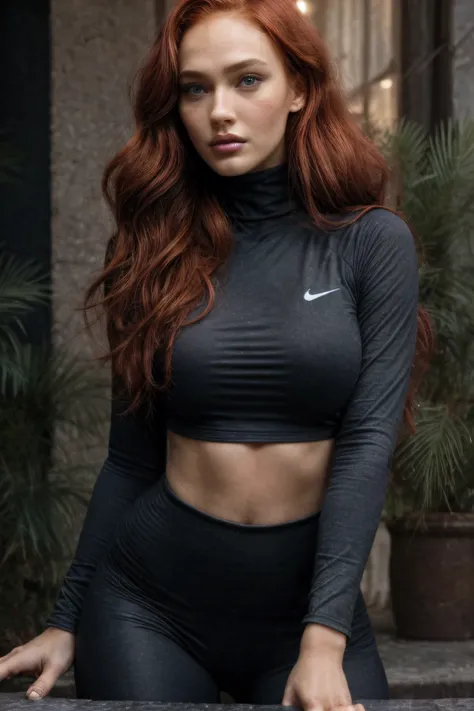  a woman like the girl next door with red hair colored like a ponytail wearing a black sweatshirt written MayaFitness and long black pants, 23 years old,  Mix of 10 %  Megan Fox with fiery red hair and 15 %  Gal Gadot with perfectly fiery red hair and 20 %...