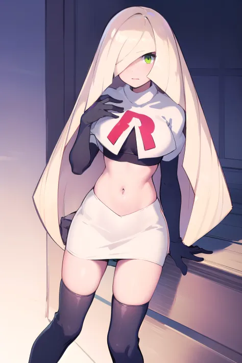 masterpiece,best quality,1girl,mature female,lusamine,blonde hair,green eyes,very long hair,(hair over one eye:1.3),team rocket,team rocket uniform,white skirt,red letter R,crop top,black thigh-highs,black elbow gloves,