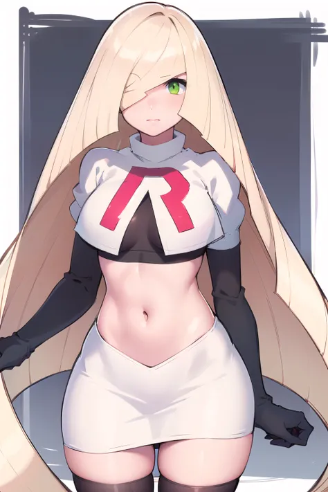 masterpiece,best quality,1girl,mature female,lusamine,blonde hair,green eyes,very long hair,(hair over one eye:1.3),team rocket,team rocket uniform,white skirt,red letter R,crop top,black thigh-highs,black elbow gloves,
