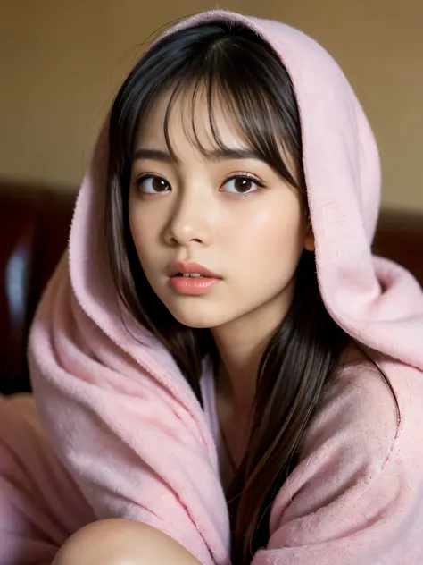 (Best-quality, Masterpiece, Ultra-High-Resolution, (Photorealistic:1.4), Raw Photo, depth of field, professional lighting), (1girl, (((15-years-old))), the most famous Japanese-idol, on sofa), ((wrapped in blanket):1.2), ((extremely realistic loveliest fac...